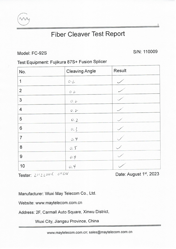 FC-92S Fiber Cleaver Test Report